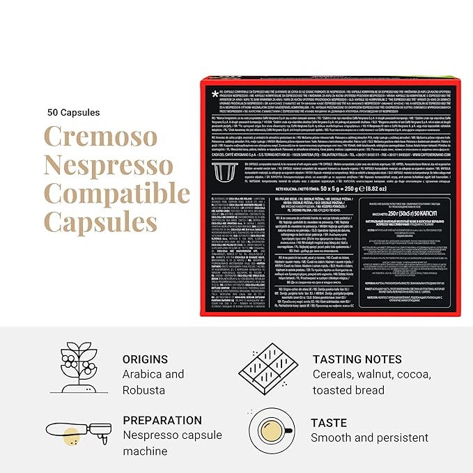 Caffe' Vergnano Whole Bean Coffee Bundle - Antica Bottega Beans 1000g bag & Cremoso Espresso Original Line Machine Compatible Capsules (50 Pack)