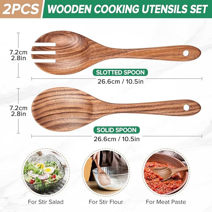 Wooden Spoons for Cooking, 2pcs Teak Salad Kit, Wooden Salad Servers, Wood Salad Serving Utensils Set, Wooden Salad Spoon Fork Set for Serving, Mixing, Tossing, Stirring,10.5″