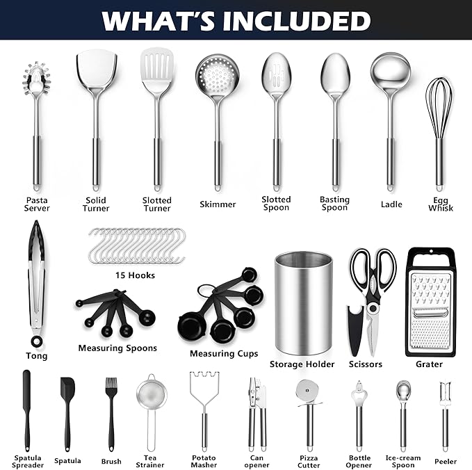 E-far Stainless Steel Kitchen Utensils Set, 39-Piece Cooking Utensils Set with Holder, Non-toxic Metal Heat Resistant Kitchen Gadgets Cookware Tool Spatula Set for Cooking, Dishwasher Safe