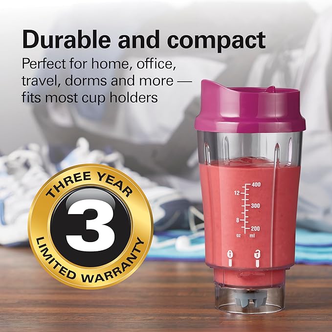 Hamilton Beach Portable Blender for Shakes and Smoothies, 14 Oz BPA Free Travel Cup & Lid, Durable Stainless Steel Blades, Personal Smoothie Blender, Raspberry, 51131G