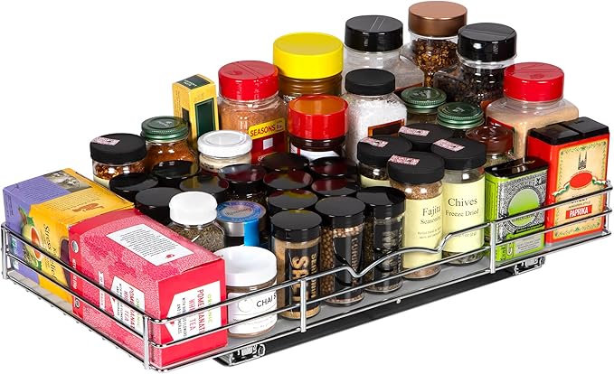 Pull Out Cabinet Organizer for Spices, Cans - Heavy Duty with Lifetime Limited Warranty- Pull Out Spice Rack- Cabinet Pull Out Shelf for Cans,Dishes, Etc, 20-3/8"Wx 10-1/2"D x 2-3/4” H, Chrome