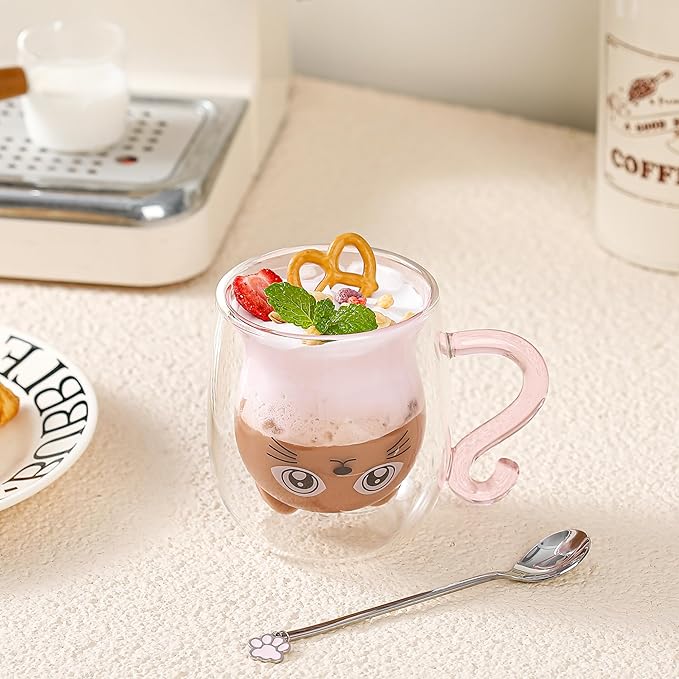Cute Mugs Glasses Double Wall Insulated Glasses Espresso Cup, Coffee Cup, Tea Cup, Milk Cup, Best Gift for Office and Personal Birthday, Pink Cat