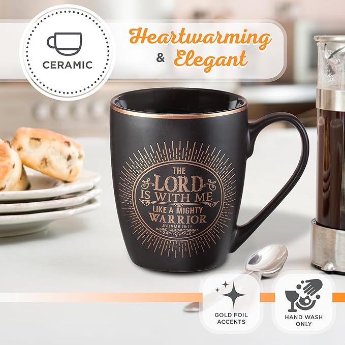 Christian Art Gifts Black Stoneware Coffee Mug with Gold Rim for Women and Men – 12 oz. Lead and Cadmium-free Coffee and Tea Mug with Inspirational Bible Verse: The Lord Is With Me - Jeremiah 20:11