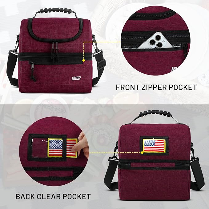 MIER Adult Lunch Box Insulated Lunch Bag Large Cooler Tote Bag for Men, Women, Double Deck Cooler (Dark Red, Large)