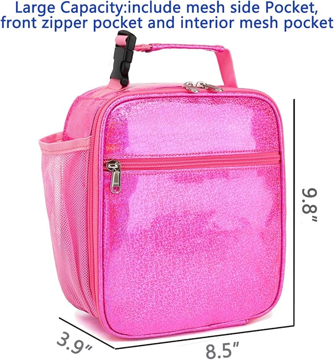 FlowFly Kids Lunch box Insulated Soft Bag Mini Cooler Back to School Thermal Meal Tote Kit for Girls, Boys, PU Pink
