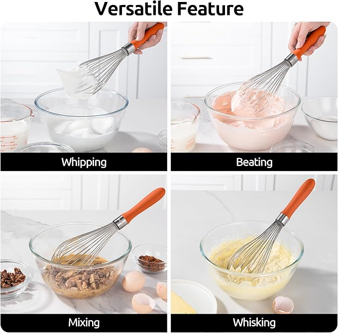 U-Taste Balloon Whisk for Cooking: 18/10 Stainless Steel Kitchen Wire Whisk, 12in Large Heavy Duty Egg Beater, Manual Mixing Tool with 12 High Flex Wires for Stirring, Blending Sauce (Orange)