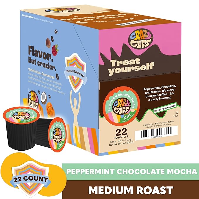 Crazy Cups Decaf Flavored Coffee Pods, Peppermint Chocolate Mocha, Decaffeinated Coffee for Keurig K Cups Machines, Hot or Iced Coffee, Decaf Coffee in Recyclable Pods, 22 Count (Pack of 1)