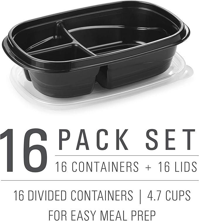 Rubbermaid 32-Piece Food Storage Containers with 2 Compartments and Lids for Lunch, Meal Prep, and Leftovers, Dishwasher Safe, 4.7-Cup, Black