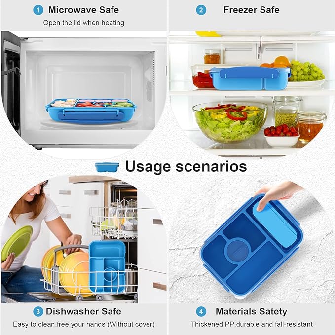 Bento Box Adult Lunch Box Kids,Lunch Containers for Adults/Kids/Toddler,5 Compartments Bento Lunch Box with Sauce Vontainers,Microwave & Dishwasher & Freezer Safe,BPA-Free(Blue)