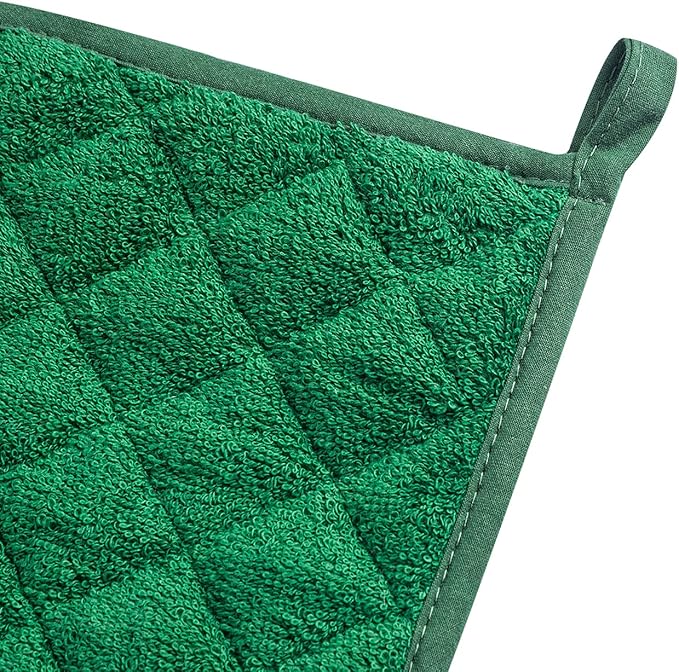 100% Cotton Kitchen Everyday Basic Terry Pot Holder Heat Resistant Coaster Potholder for Cooking and Baking Set of 5 Dark Green