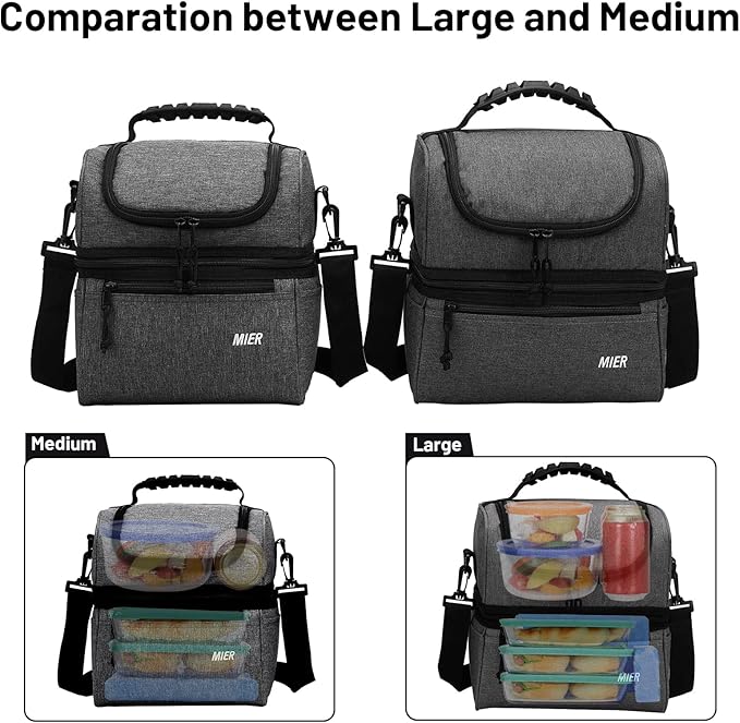 MIER 2 Compartment Lunch Bag for Men Women, Leakproof Insulated Cooler Bag for Work, Grey, Medium