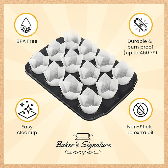 Tulip Cupcake Liners, Muffin Liners for Baking by Baker’s Signature – 200pcs of Parchment Paper Cups Cupcake Wrappers – Perfect Size, Sturdy, Greaseproof & Easy to Use – Wedding Decor – All White