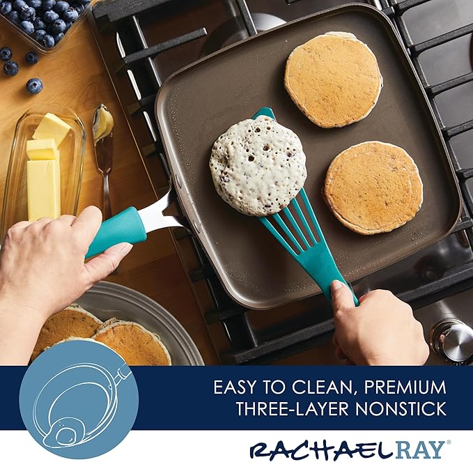 Rachael Ray Cook + Create Nonstick Stovetop Griddle/Grill Pan, Square, 11 Inch, Agave Blue