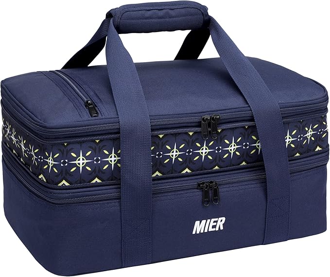 MIER Insulated Double Casserole Carrier Bag for Lasagna Lugger, Potluck Parties, Picnic, Beach, Fits 9 x 13 Inches Baking Dish, Casserole Dish, Expandable, Dark Blue