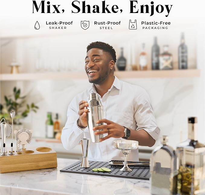 BARE BARREL® Mixology Bartender Kit Bar Set | 14-Piece Cocktail Shaker Set | Martini Barware Mixing Tools for Home Bartending | Incl. 35 Recipe Cards | Gift Set (24oz Cobbler Shaker, Silver/Natural)