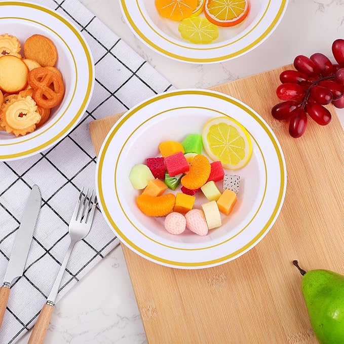 Jinei 300 Pieces Plastic Bowls with Gold Rim 6 oz Disposable Small Salad Plastic Candy Bowls for Dessert Salad Soup Wedding Catering Holidays Party Supplies