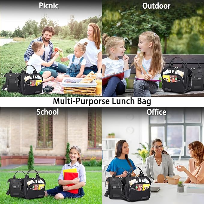 TuErCao Small Lunch Bag Lightweight Insulated Lunch Box for Women Work Portable Soft Cooler for Picnic Travel Road Trips, Loncheras para Mujer, Black