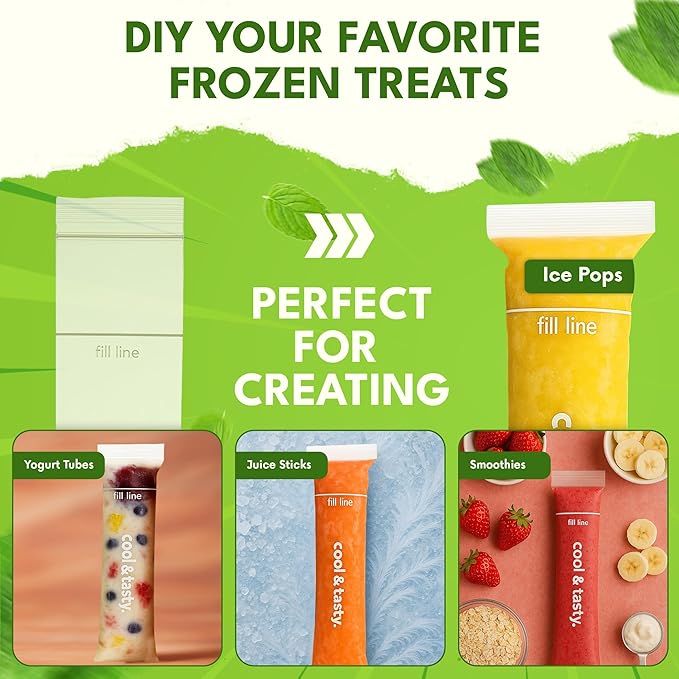 150 Disposable Popsicle Mold Bags with Zip Seals & 4 Popsicle Sleeves, 8x2" Freezer Tubes for DIY Ice Pops, Yogurt, Juice & Fruit Smoothies - Includes Funnel & Popsicle Sleeves, BPA-Free