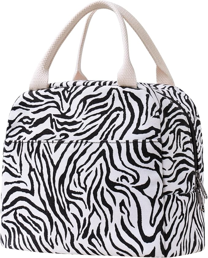 EurCross Sleek Black White Zebra-striped Lunch Tote Bag Trendy for Women, Lightweight, Reusable and Insulated Canvas Stylish Bento Box Bag for Adult Ladies on the go
