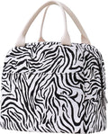 EurCross Sleek Black White Zebra-striped Lunch Tote Bag Trendy for Women, Lightweight, Reusable and Insulated Canvas Stylish Bento Box Bag for Adult Ladies on the go