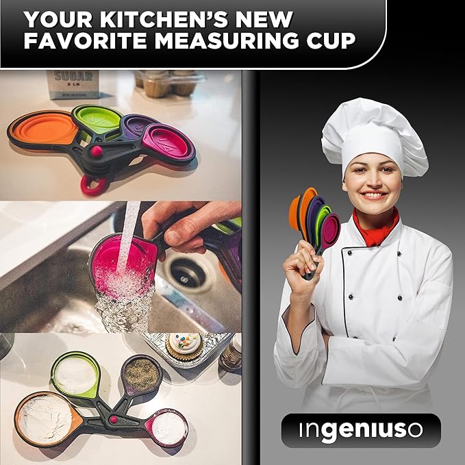 Collapsible Measuring Cups and Nesting Spoons - Adjustable Silicone for Cooking, used for Liquid and Dry Kitchen Items - Portable Portion Control, Dog Food, Kids, Travel, Camper, Space-Saving - 1 Set