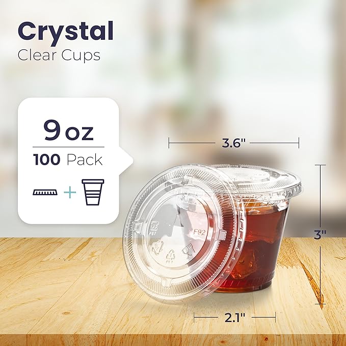 Fit Meal Prep 100 Pack 9 oz Clear Plastic Cups with Flat Lids, Disposable Iced Coffee Cups, BPA Free Premium Crystal Smoothie Cup for Party, Lemonade Stand, Cold Drinks, Juice, Milkshake