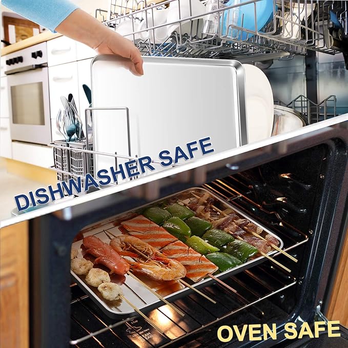 P&P CHEF 16 Inch Baking Cookie Sheet, Oven Pan Tray Stainless Steel Sheet Pan for Kitchen, Oven Bakeware for Multi Uses, Shiny Look & Dishwasher Safe, Healthy & Heavy Duty, 3Pcs