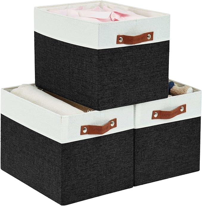 DECOMOMO Kallax Storage Cubes - 13x15x13 Storage Bins, Baskets for Organizing Shelves (Black and White, 3-Pack)
