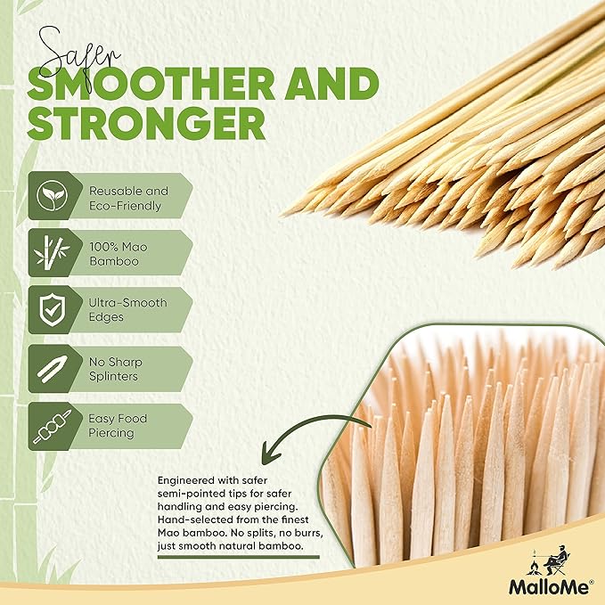 MalloMe XL Bamboo Skewers 12 Inch 100 pcs - 4mm Thick Bamboo Sticks - Heavy Duty Wooden Shish Kabob Skewers for Grilling - for Kebab BBQ Grill Hot Dog, Candy Apple Smores Sticks Wood Skewer Appetizers