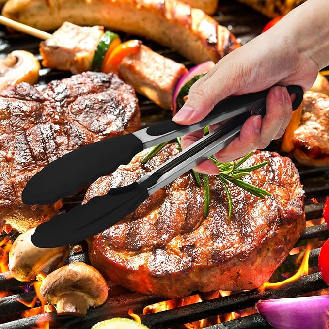 Premium Stainless Steel Heat Resistant Kitchen Tongs for cooking,set of 7"+9"+12" (Black),Non Scratch Silicone cooking Tong Tip for Cooking Pans,Strong Grip BBQ tongs for Grabbing Hot Food