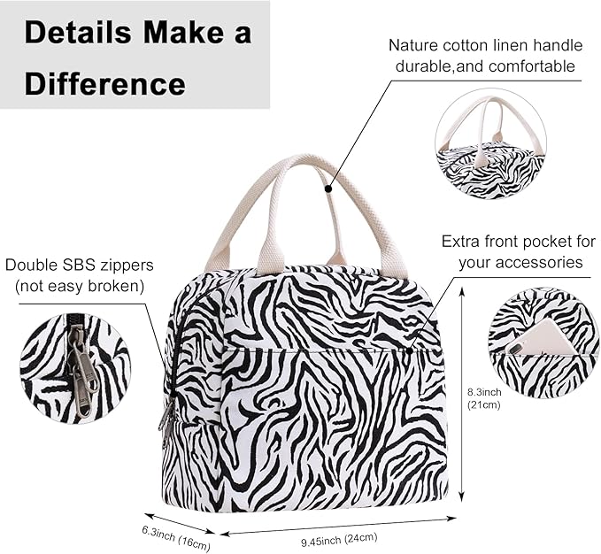 EurCross Sleek Black White Zebra-striped Lunch Tote Bag Trendy for Women, Lightweight, Reusable and Insulated Canvas Stylish Bento Box Bag for Adult Ladies on the go