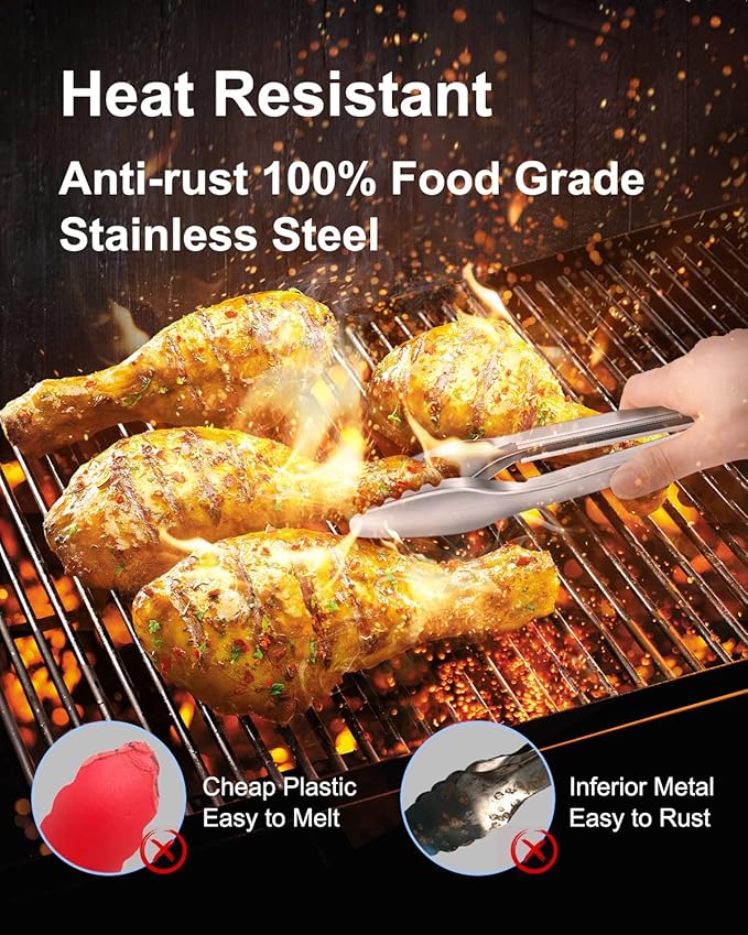 Cooking Tongs with Teeth, Premium Stainless Steel Kitchen Tongs Set of 2-9" and 12", Heavy Duty Locking Metal Food Tongs with Non-Slip Grip - Black