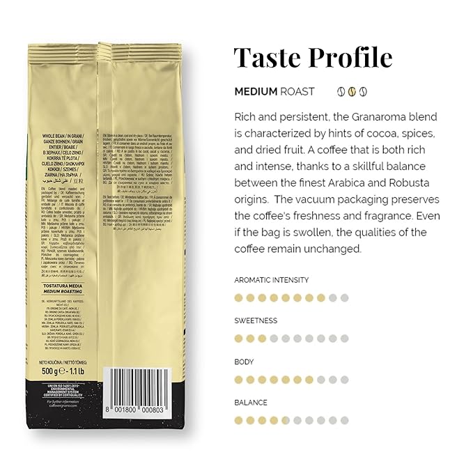 Caffe Vergnano 1882 Gran Aroma Whole Bean Arabica Medium Espresso Roast Coffee, 1.1lbs Bag - Italian Coffee Beans with Rich notes of Cocoa, Spices & Dried Fruit, Intensity 8/10-500g Bag