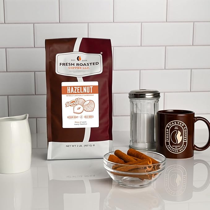 Fresh Roasted Coffee, Decaf Hazelnut Flavored Coffee, 2 lb (32 oz), Medium Roast, Kosher, Whole Bean