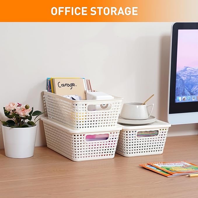 Plastic Storage Baskets With Lid, Storage Bins for Organizing, Stackable Decorative Containers for Shelves Drawers Desktop Closet Playroom Classroom Office, 6 Pack- White