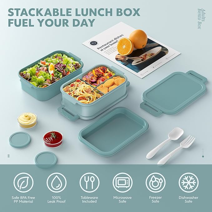 Jelife Bento Box Adult Lunch Box - 72oz Stackable Bento Lunch Box for Adults, 3 Layers All-in-One Large Bento Box Leak-Proof Lunchbox with Utensil Sauce Dressing Containers for Dining Out,Work, Green