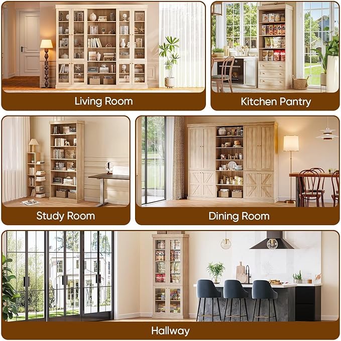 70.8" Tall Farmhouse Bookshelf, Modular Bookcase with Glass Doors, 6-Tier Adjustable Shelves, Large Storage Cabinet for Kitchen, Living Room, Brown, Set of 3