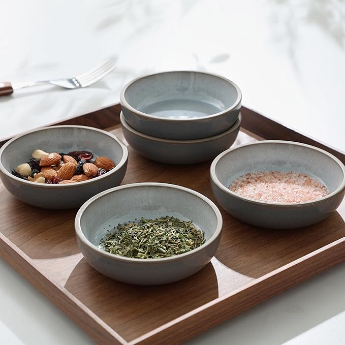 famiware Nature Ceramic Soy Sauce Dish, Dipping Bowls Set of 6, 3 oz Dipping Sauce Bowls/Dishes/Cups/Plates, Small Serving Bowls for Side Dishes, Condiments, Sushi, Appetizer, Dessert, Light Blue
