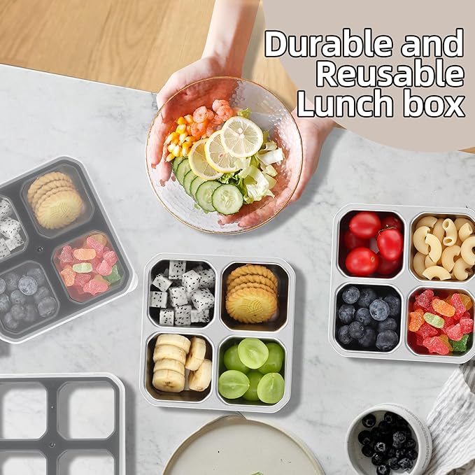4 Pack Stainless Steel Snack Containers with Lids 4 Compartment Lunch Box for Adults & Kids Meal Prep Bento Box Containers Reusable