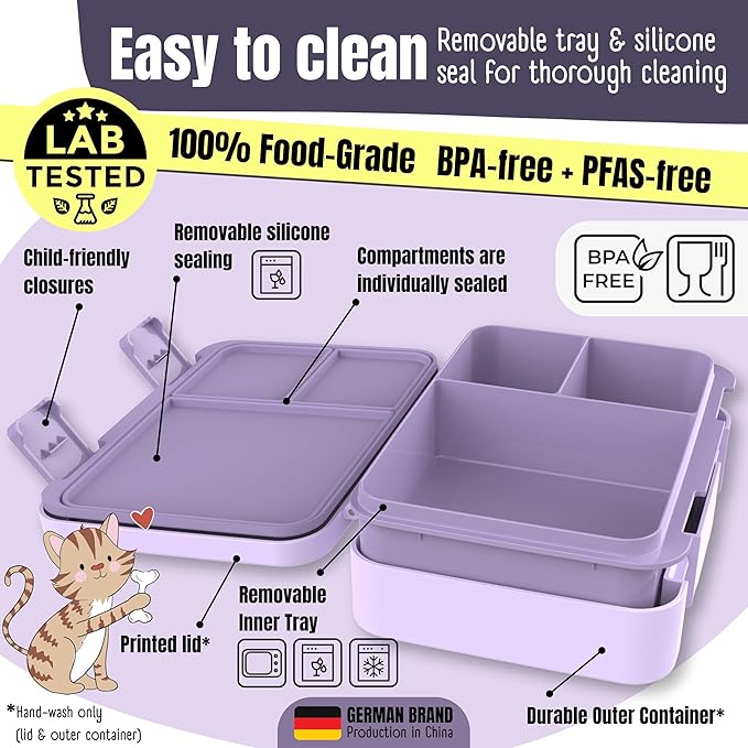 BEARFOOT Kids Lunch Box with Compartments – Compact & Lightweight | Leak-Proof, BPA-Free, Dishwasher & Microwave Safe | Hand-Drawn Design for Preschool, School, Travel (BubbleTea Purple, 4 Cups)