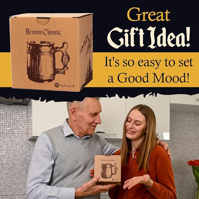 MFC Beer Mug 10 OZ - Coffee Mug - Beer stein - Wooden beer mug - Stainless Steel Cup - Handmade Gifts for Men - Fathers Day, Christmas or Birthday Gift Idea - Men Mug - Classic Brown