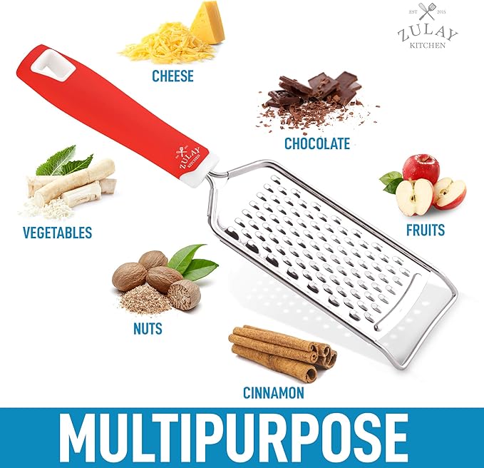 Zulay Kitchen Professional Cheese Grater Stainless Steel - Durable Rust-Proof Metal Lemon Zester Grater With Handle - Flat Handheld Grater For Cheese, Chocolate, Spices, And More - Red