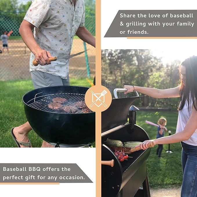 Baseball BBQ | 'Splitfinger' Grill Tongs | BBQ Grilling Accessories & Utensils for Baseball Fans | Patented Wooden Bat Handle & Quality Stainless Steel | Add to Set