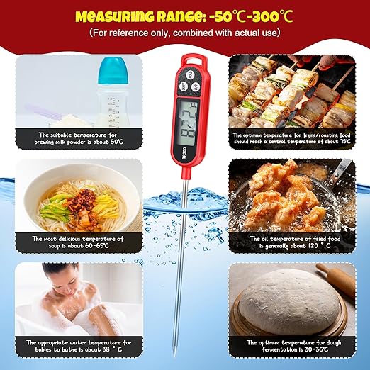 6 Pcs Instant Read Meat Thermometer with Long Probe 9.65 Inch Kitchen Cooking Food Candy Waterproof Digital Thermometer for BBQ Water Milk Yogurt Liquid Cooking(Red)