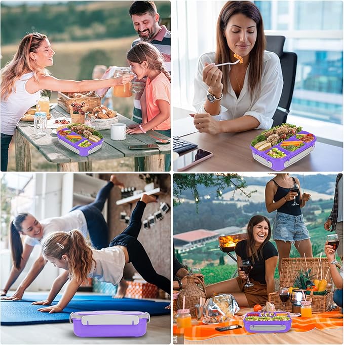 Bento Box, Lunch Box Kids, 1300ML with 4 Compartment&Food Picks Cake Cups, Containers for Adults/Kids/Toddler, Leak-Proof, Microwave/Dishwasher/Freezer Safe(Purple)