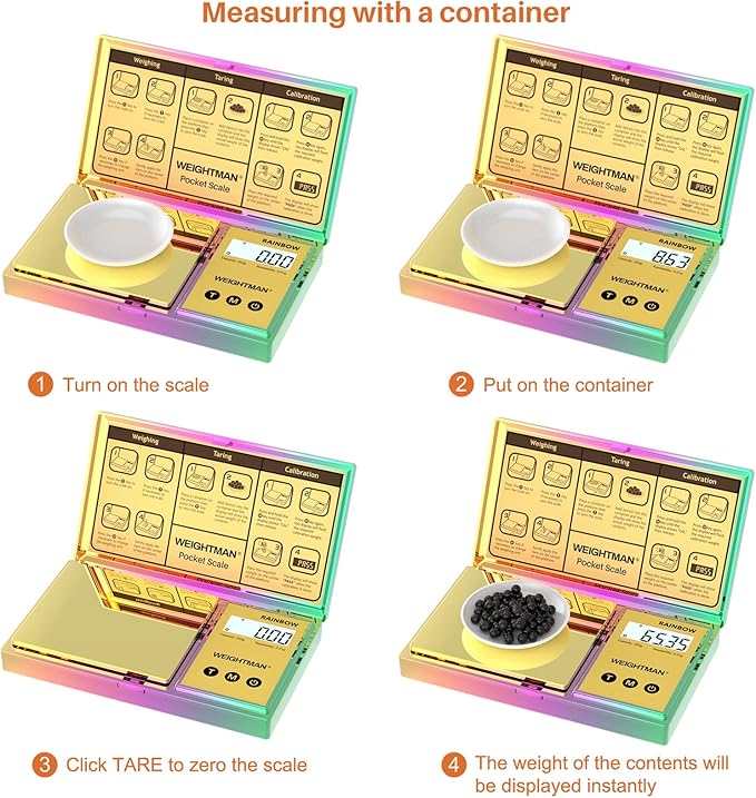 WEIGHTMAN Shiny Digital Gram Scale 200g x 0.01, Chrome Rainbow Mini Scale for Food Ounces and Grams, Iridescent Plating Pocket Scale, Small Jewelry Scale, Travel Scale, Backlit LCD, 6 Units