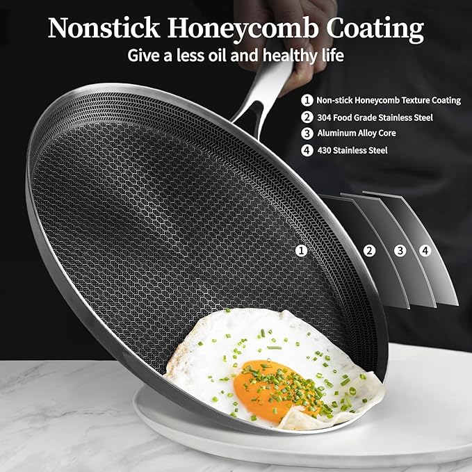 Innerwell Stainless Steel Crepe Pan - 12 Inch Nonstick Crepe Pan, Stainless Steel Honeycomb Coating Pancake Pan, Non Stick Flat Skillet Tawa Dosa Tortilla Griddle Pan, Induction Compatible, PFOA Free