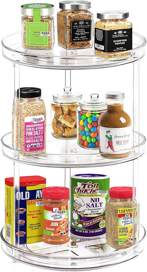 3 Tier Lazy Susan Bathroom Organizer - 9.25 Inch Clear Makeup Organizer with Skincare and Perfume Storage for Countertop