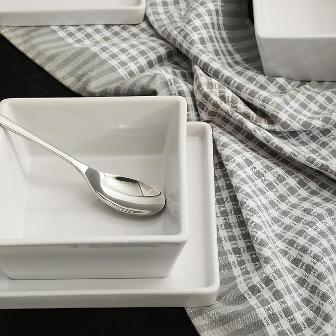 Stone Lain Grace Square Stoneware Dinnerware Set, 12 Piece Service For 4, Plates and Bowls Dish Set, White