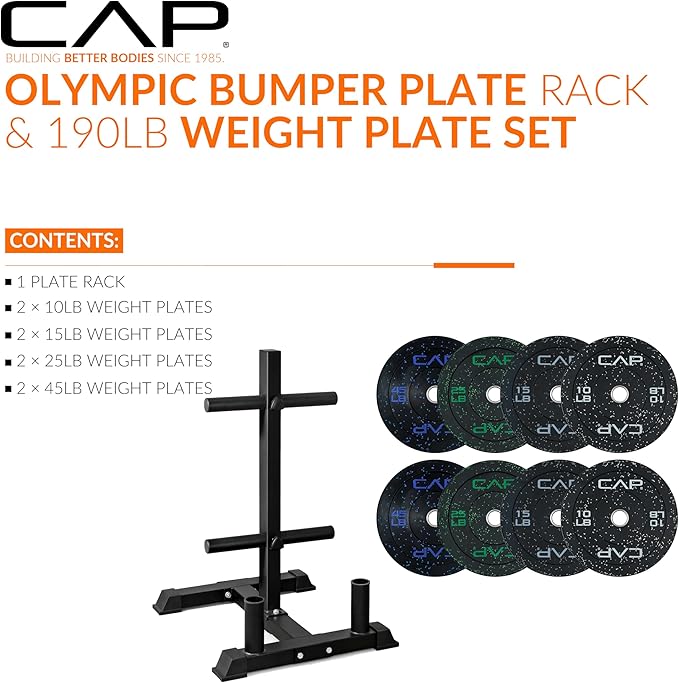CAP Barbell 2-Inch Olympic Bumper Plate Weight Set with 6 Post Rack | 100-370 lbs | Multiple Options